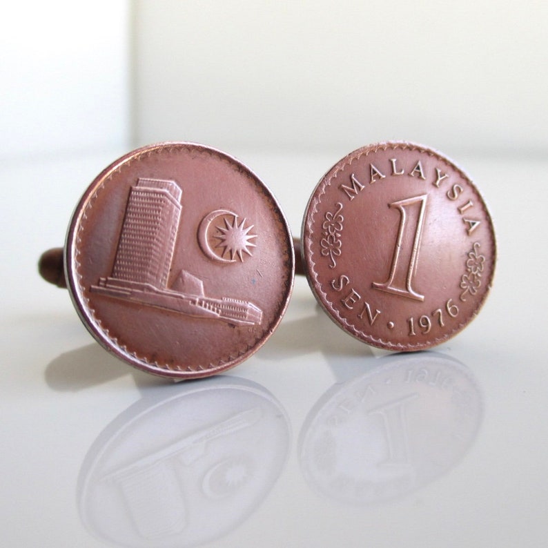 Copper Tone Repurposed Vintage 1 Sen Coins MALAYSIA Coin Cuff Links