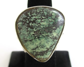 Sterling Silver Marbled Green & Brown Stone Ring - Vintage, Large Shape - Size 7.75 (Unpolished) 12.2 grams