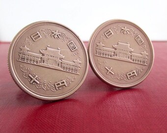 JAPAN Coin Cuff Links - Repurposed Vintage Japanese 10 Yen Bronze