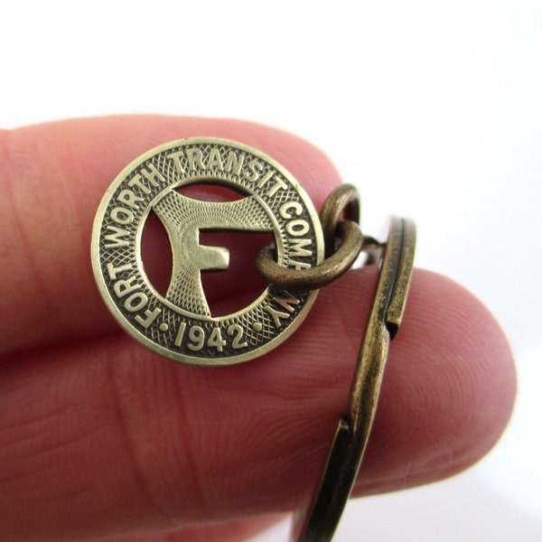 Fort Worth 1942 Transit Token Keychain - Repurposed Vintage Coin / Key Chain (Choose Solid Brass or Silver Tone)