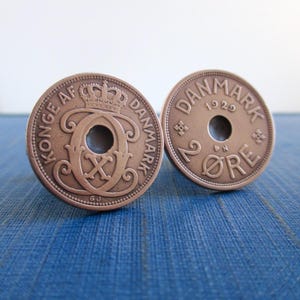 DENMARK Coin Cuff Links - Repurposed Vintage 1920s Bronze Konge Af Danmark Coins
