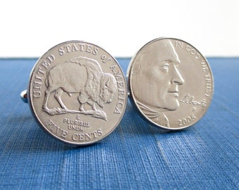 Buffalo Nickel Cuff Links - Repurposed 2005 USA Coins, Front & Back