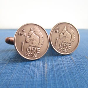 NORWAY Coin Cuff Links - Solid Bronze Repurposed Vintage Norge Coins, Squirrel Design
