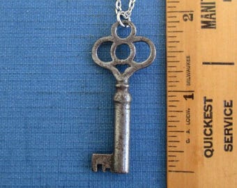 Antique Skeleton Key Necklace - Repurposed Vintage Filigree Key Pendant on Silver Tone Chain (Darkness)