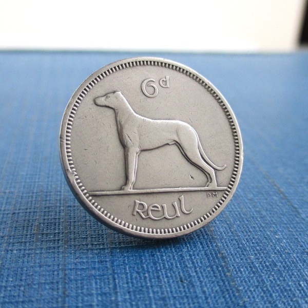 Irish Wolfhound Coin Tie Tack / Lapel Pin - Repurposed Vintage Eire Ireland 6p Coin