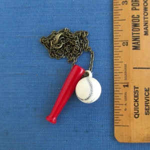 Red Bakelite Baseball Bat & White Celluloid / Vintage Plastics Baseball Charm Pendant Necklace
