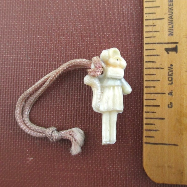 Celluloid Animal Character Charm in Dress - Vintage, Cute w/ Original Cord