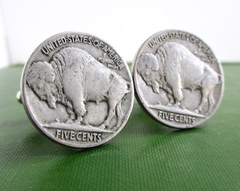 Buffalo Nickel Cuff Links - Repurposed Vintage USA Coins - Nice Details, Natural Patina (Dark Unpolished)