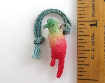 Celluloid Parakeet / Parrot / Bird Charm with Metal Top Loop - Vintage, Red & Green / Blue Surface Coloring