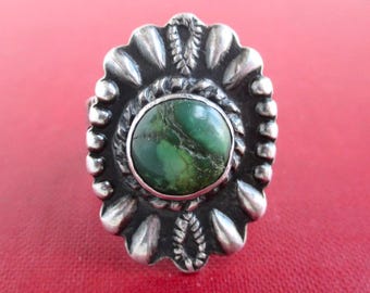Native American Sterling Silver & Marbled Green Stone Ring - Vintage Southwest, Size 5.25