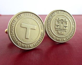 BOSTON T Token Cuff Links - Repurposed Vintage Gold Tone MBTA Coins (Front & Back)