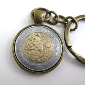 MEXICO Coin Key Chain - Repurposed Vintage Mexican Larger 2 Peso Bi-Metal Coin Key Chain / Fob