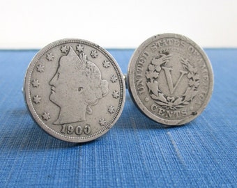 Liberty Head V Nickel Cuff Links - Repurposed Vintage / Antique Coins, Front & Back (Unpolished Natural Patina)