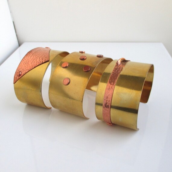 3 Solid Brass & Hammered Copper Cuff Bracelets - … - image 7