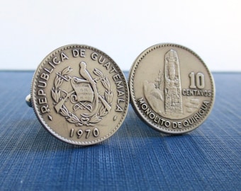 GUATEMALA Coin Cuff Links - Repurposed Vintage 1970's Silver Tone Coins