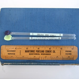 2 Zelda Inn Grill Glass Swizzle Stick / Bar Spoons - Vintage w/ Rolled Paper Advertising Encased, 6.25" Long