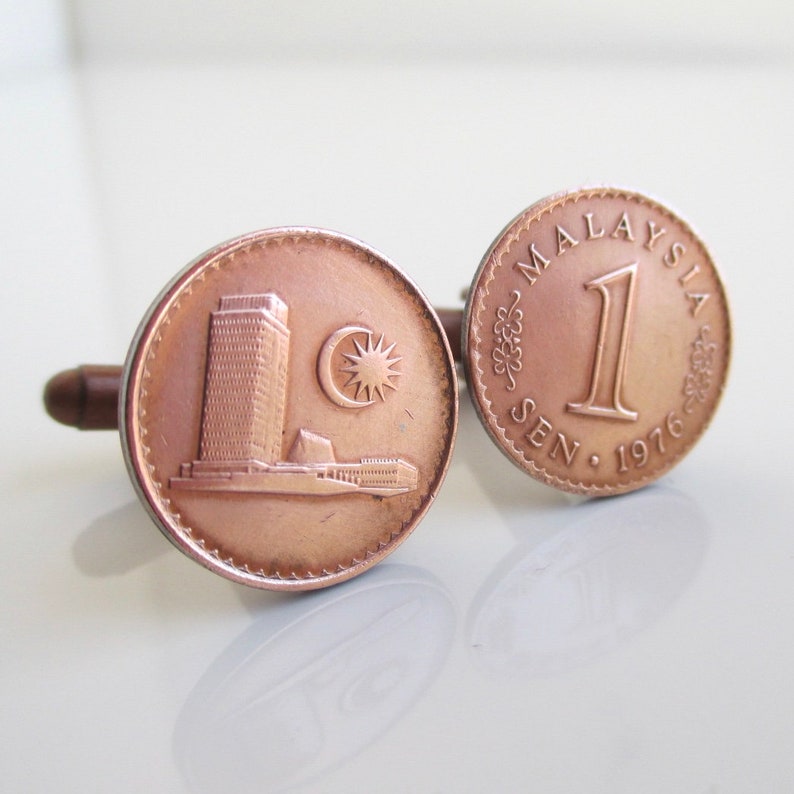 Copper Tone Repurposed Vintage 1 Sen Coins MALAYSIA Coin Cuff Links