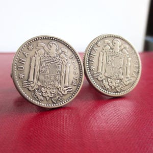 SPAIN Espana Coin Cuff Links - Repurposed Vintage 1950&#39;s Una Peseta Gold Tone Coins