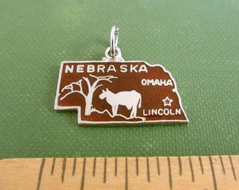 Nebraska Souvenir Travel Charm - Vintage, Silver Tone & Brown Enamel