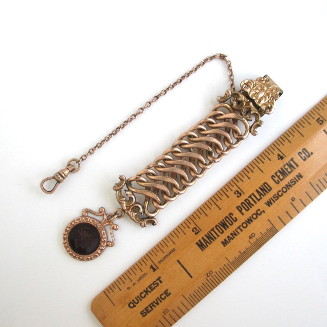 Heavy Pocket Watch Chain W/ Cameo Fob Dangle Vintage / Antique Gold Filled Bates & Bacon dangle