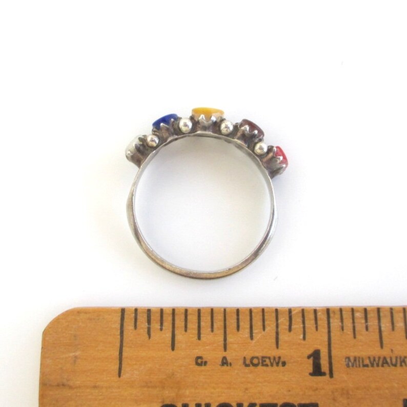 Sterling Silver Band Ring w Colorful Multi Stone Inlay Size 6 12 Vintage Southwest Worn