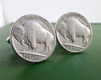 Buffalo Nickel Cuff Links - Repurposed Vintage USA Coins - Nice Details, Natural Patina (Dark Unpolished)