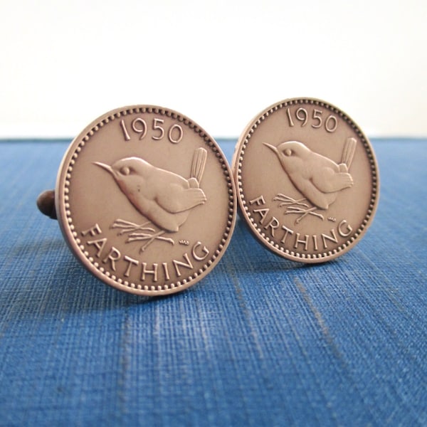 Farthing Coin Cuff Links - Great Britain, UK - Repurposed Vintage 1950's Solid Bronze Wren Coins