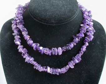 32" Purple Amethyst Stone Necklace - Vintage, Continuous Strand Polished Natural Stones (No Clasp)