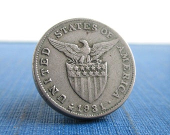 USA Eagle & Shield Tie Tack / Lapel Pin - Repurposed Vintage Silver Tone 1931 Coin (Unpolished)