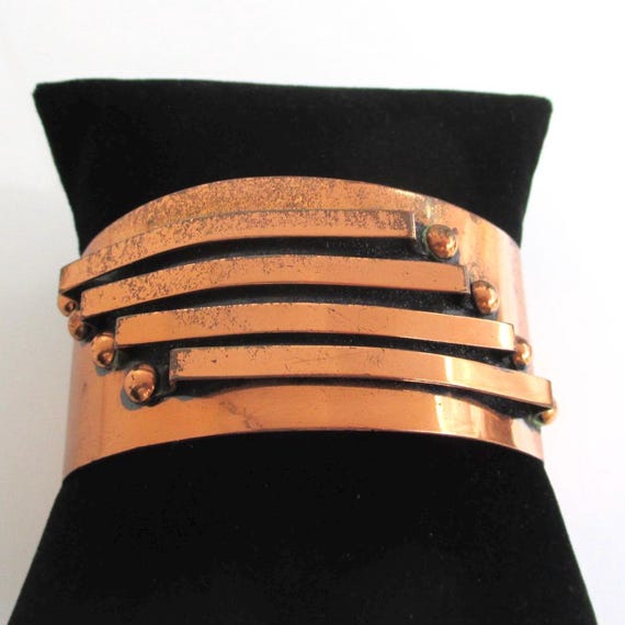 Solid Copper Cuff Bracelet w/ Raised Design - Vin… - image 1