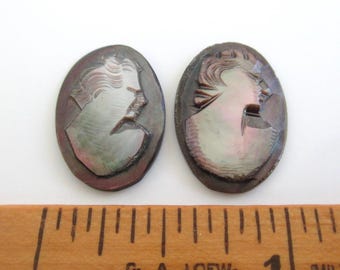 2 Carved Cameos - Vintage / Antique Loose Hand Carved Pearl / Abalone Cameos - 18mm X 13mm