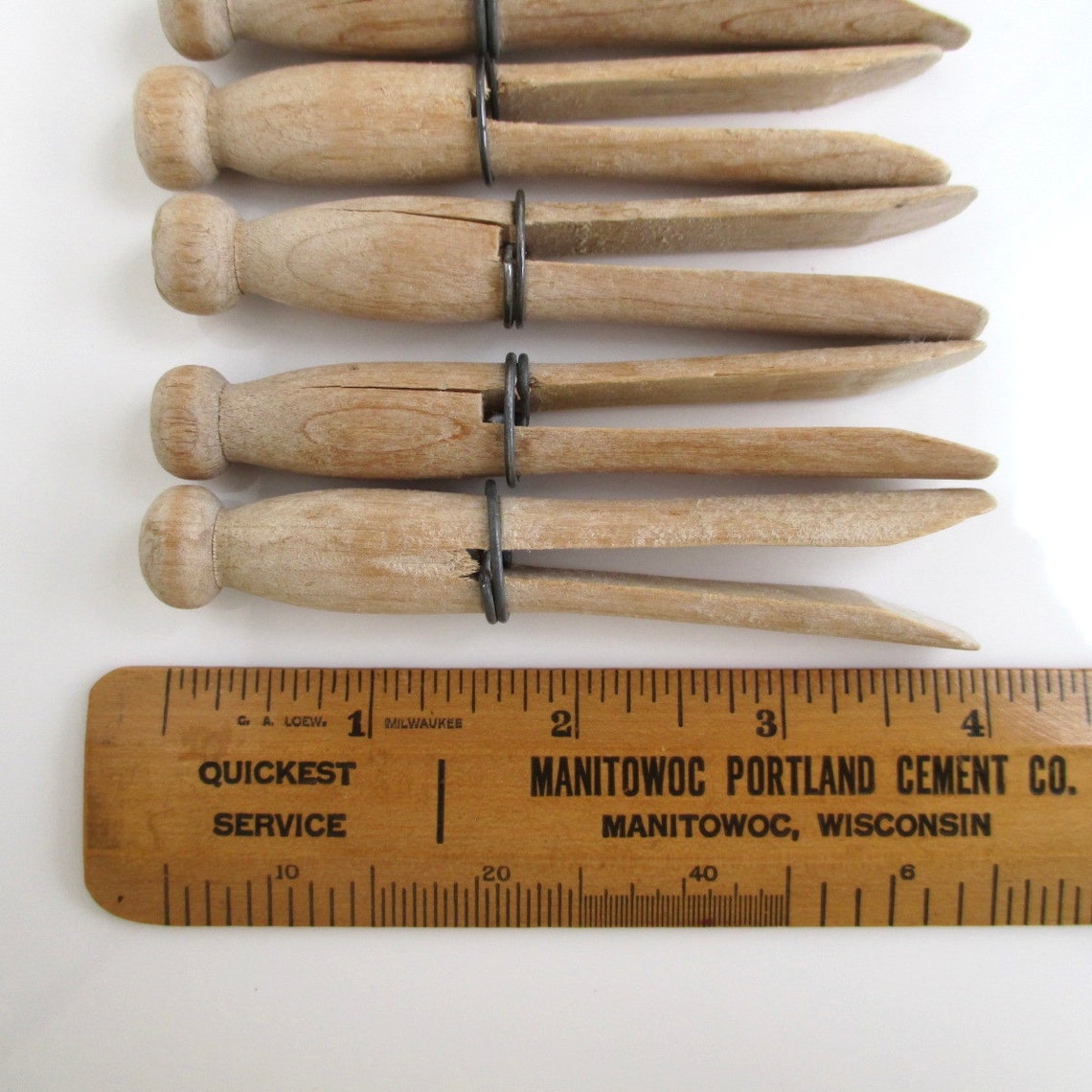 10 Round Wooden Clothes Pins W/ Metal Wire Bands Vintage Etsy