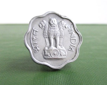 INDIA Coin Tie Tack / Lapel Pin - Repurposed Vintage 1960's Silver Tone Coin