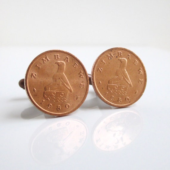 Repurposed Vintage Zimbabe Bronze  Copper Coins ZIMBABWE Coin Cuff Links