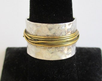 Wide Sterling Silver Hand Hammered Band Ring w/ Gold Wire - Vintage Signed B-M, Size 8.25 (Unpolished)