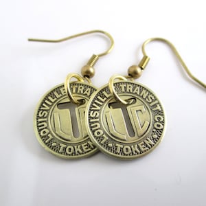 LOUISVILLE Transit Token Pierced Earrings - Repurposed Vintage 1950&#39;s Gold Tone Dangling Coins