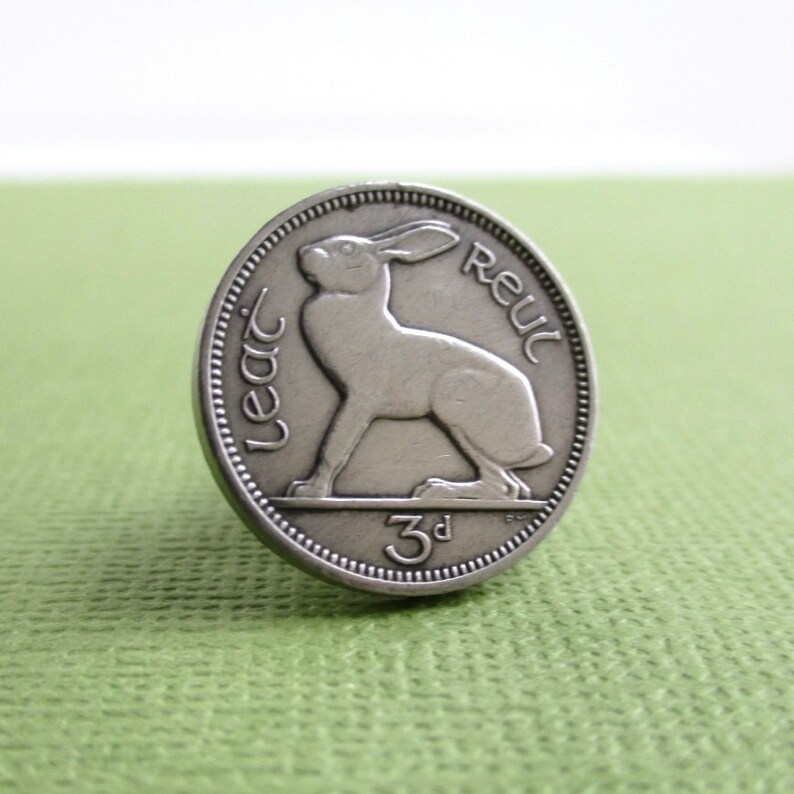 Irish Lucky Rabbit Coin Tie Tack Lapel Pin Repurposed Vintage Eire Ireland 3p Coin