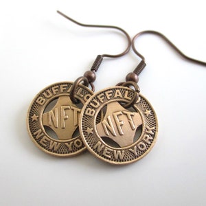 Buffalo, NY Transit Token Pierced Earrings - Repurposed Vintage Solid Bronze Dangling Coins, Niagara Falls Transit