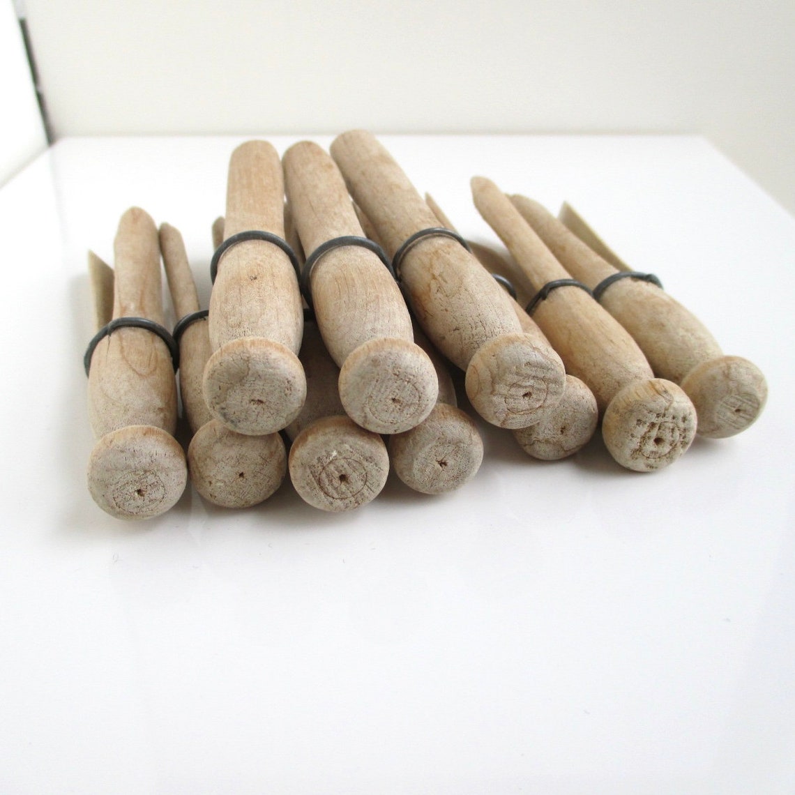 10 Round Wooden Clothes Pins W/ Metal Wire Bands Vintage Etsy