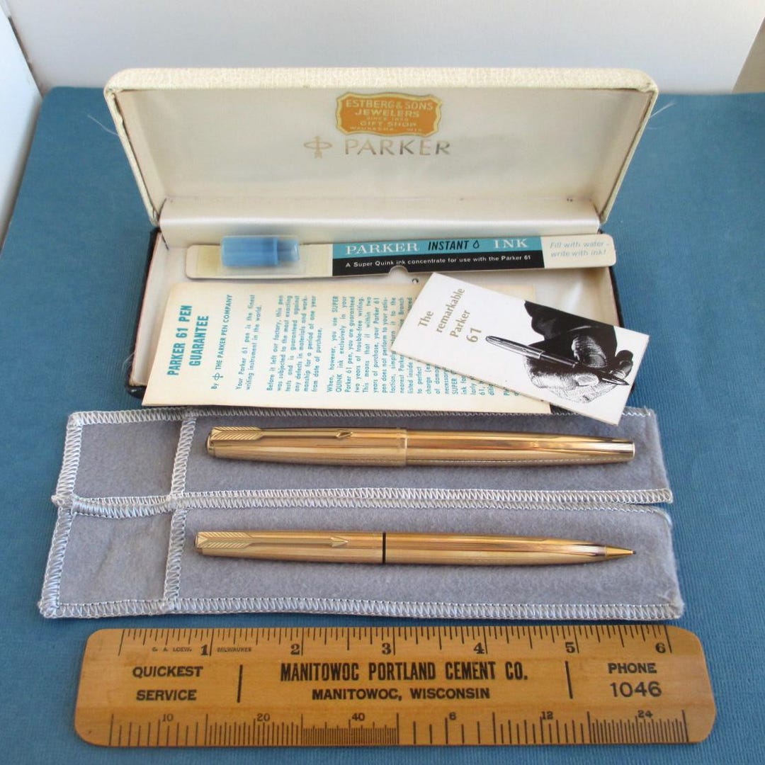 12K Gold Filled Parker 61 Fountain Pen & Pencil in Box W/ Paperwork ...