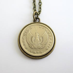 GREECE Coin Pendant Necklace - Repurposed Vintage Greek Firebird Coin