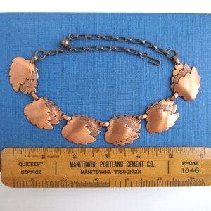 Solid Copper Choker Necklace w/ Leaf Design - Vintage, Shorter Adjustable Length 12&quot; to 15&quot;