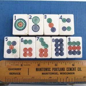 9 Mah Jong Tiles - Vintage / Antique Bone & Bamboo Ma Jiang / Mahjong Bing Dot Tiles with Dove Tail Joints