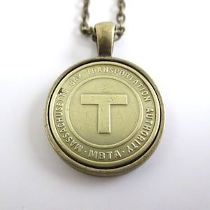 Boston "T" Transit Token Pendant Necklace - Repurposed Vintage Gold Tone Coin
