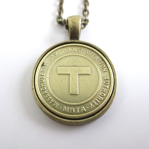 Boston "T" Transit Token Pendant Necklace - Repurposed Vintage Gold Tone Coin