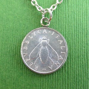 ITALY Coin Pendant Necklace - Repurposed Vintage 1950&#39;s Italia 2 Lira Silver Tone Coin