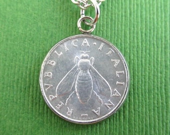 ITALY Coin Pendant Necklace - Repurposed Vintage 1950&#39;s Italia 2 Lira Silver Tone Coin