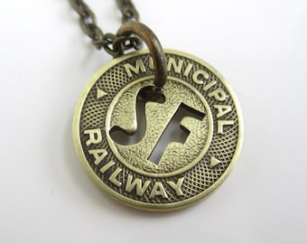 San Francisco Pendant Necklace - Repurposed Vintage SF Municipal Railway Token / Gold Tone Coin