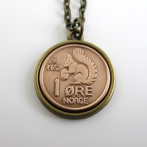 NORWAY Coin Pendant Necklace - Repurposed Vintage 1960&#39;s Norge Squirrel Coin
