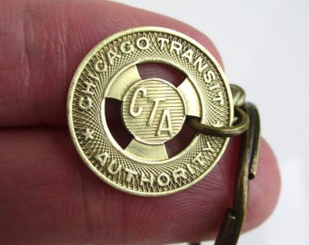 Chicago CTA Token Keychain - Repurposed Vintage Transit Token / Gold Tone Coin Key Chain Fob
